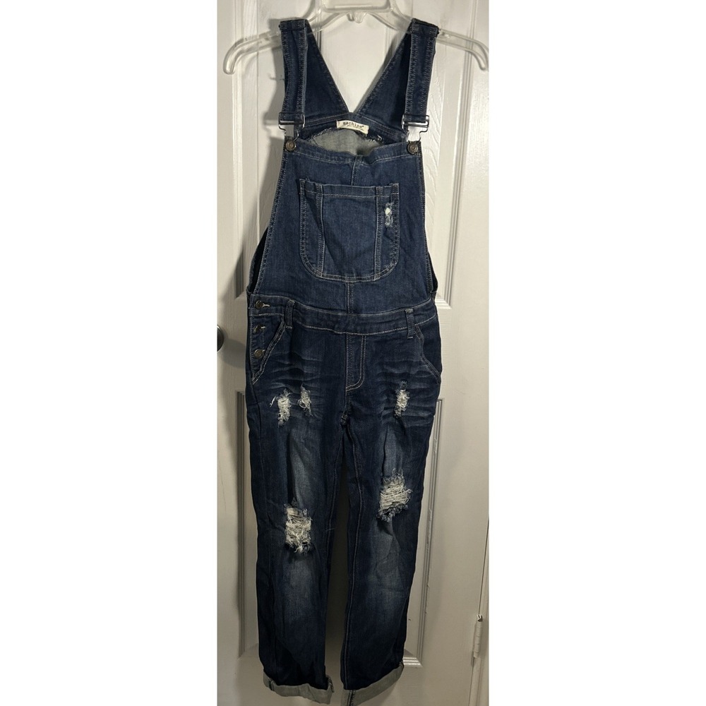 Machine Jeans Overalls Distressed Blue Denim‎ Buttons Pockets Size S 26 NWT